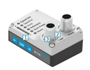 Festo Simplified Motion actuator with labeled DIO and IO-Link ports.