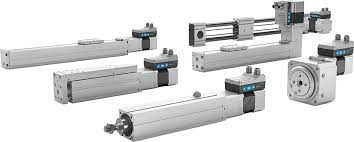 Set of electric linear actuators and rotary drives with integrated control units.